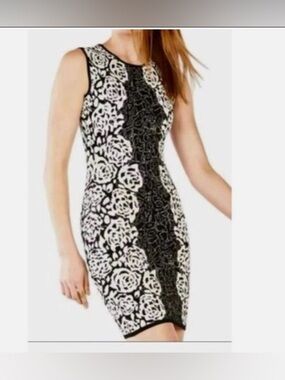 BCBGMaxAzria Black and White Floral Panel Sheath Dress